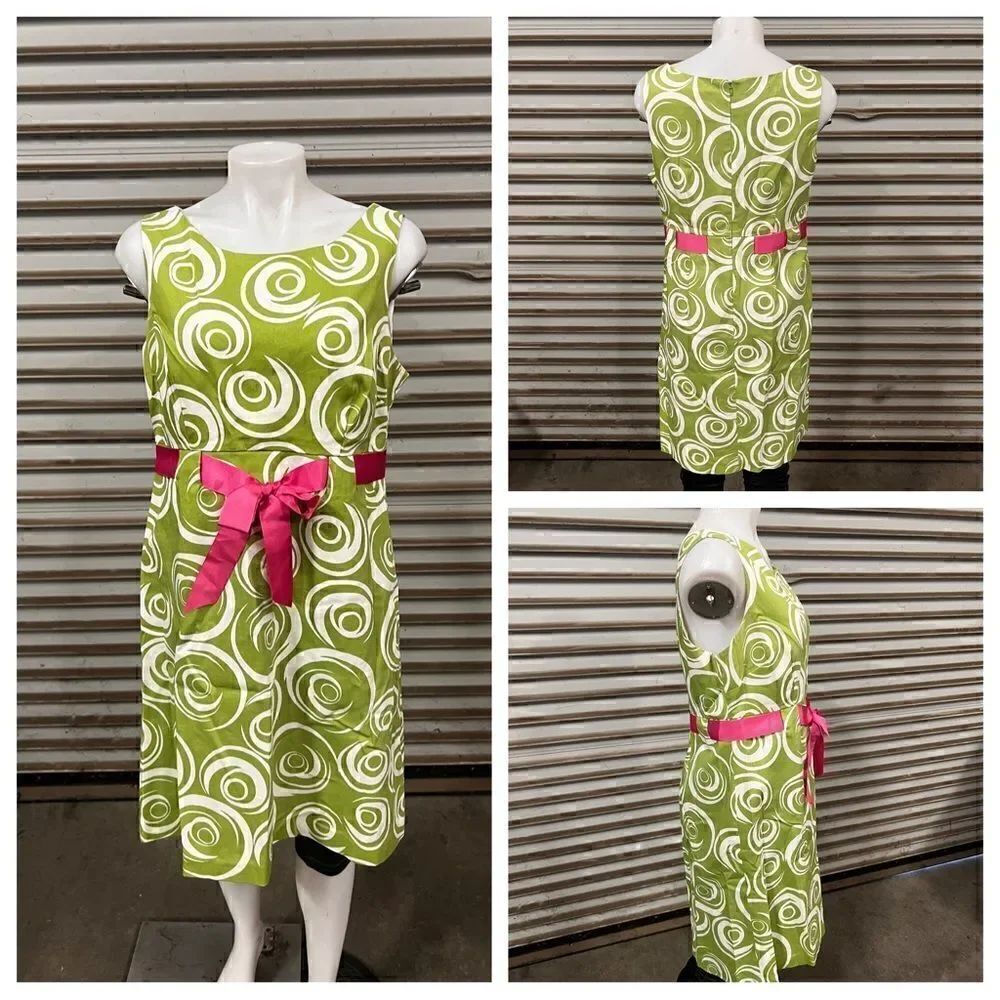 Willow Glenn Vintage Sleeveless Dress green White swirls Pink waist Bow SZ 14